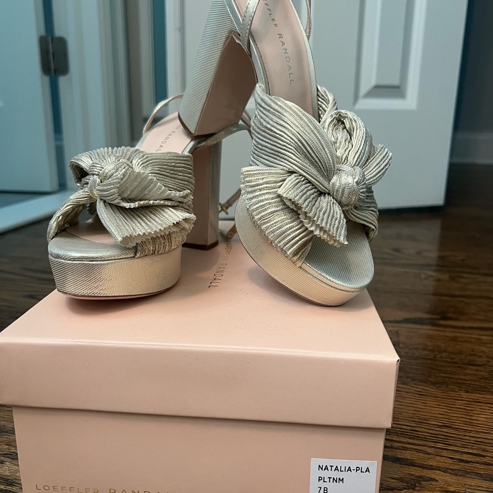Loeffler Randall “Natalia” Heels in Platinum. New in box. Size 7. $195